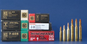 Algunos cartuchos muy utilizados históricamente para el corzo. De izquierda a derecha: .222 Remington, .22-250 Remington, .243 Winchester, 6,5x65 RWS, .270 Winchester y 7x65R. 