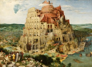La Torre de Babel, de Pieter Brueghel el Viejo. Alegoría al Emperador Habsburgo, escoltado por su pareja de monteros (detalle del cuadro en la foto de cabecera).