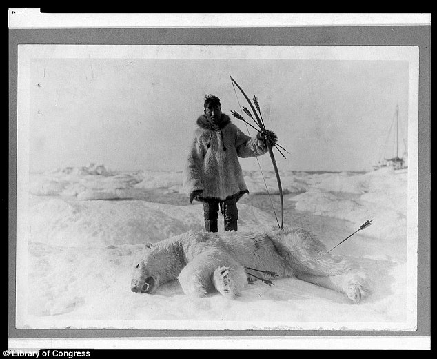 esquimal con oso polar cazado con flechas
