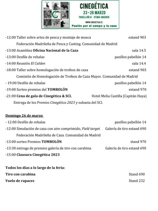 Calendario de actividades Cinegética 2023.